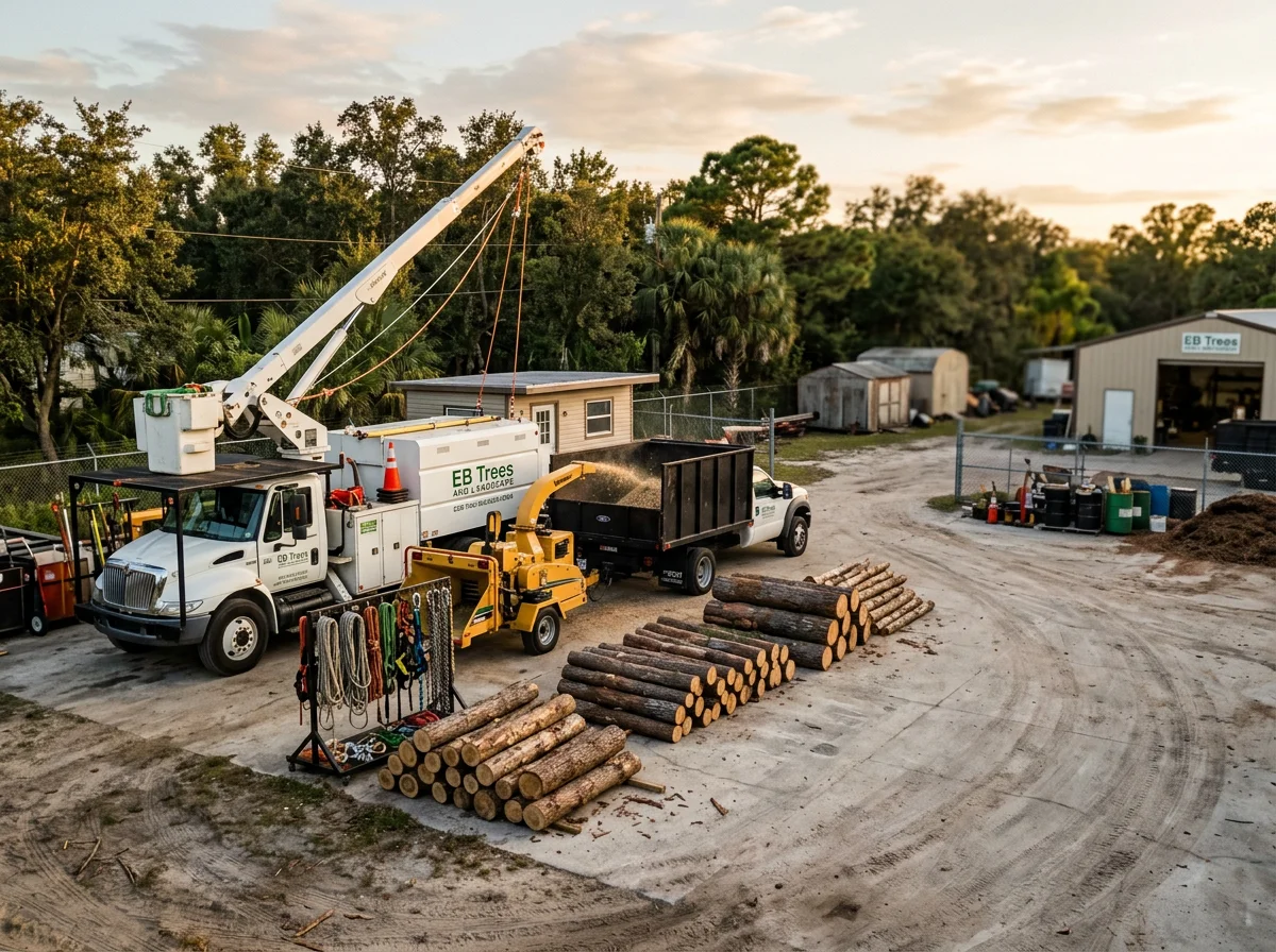 Fully equipped fleet of specialized tree care equipment including bucket trucks, cranes, and chippers staged at the company yard.