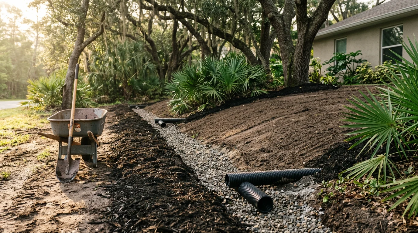 Professional drainage installation with grading work on residential property in Wesley Chapel
