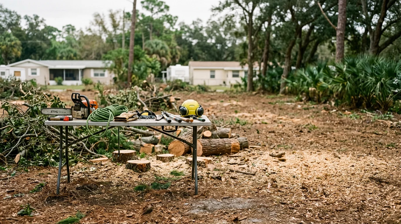 Professional arborist performing tree trimming with bucket truck in Tampa Bay area