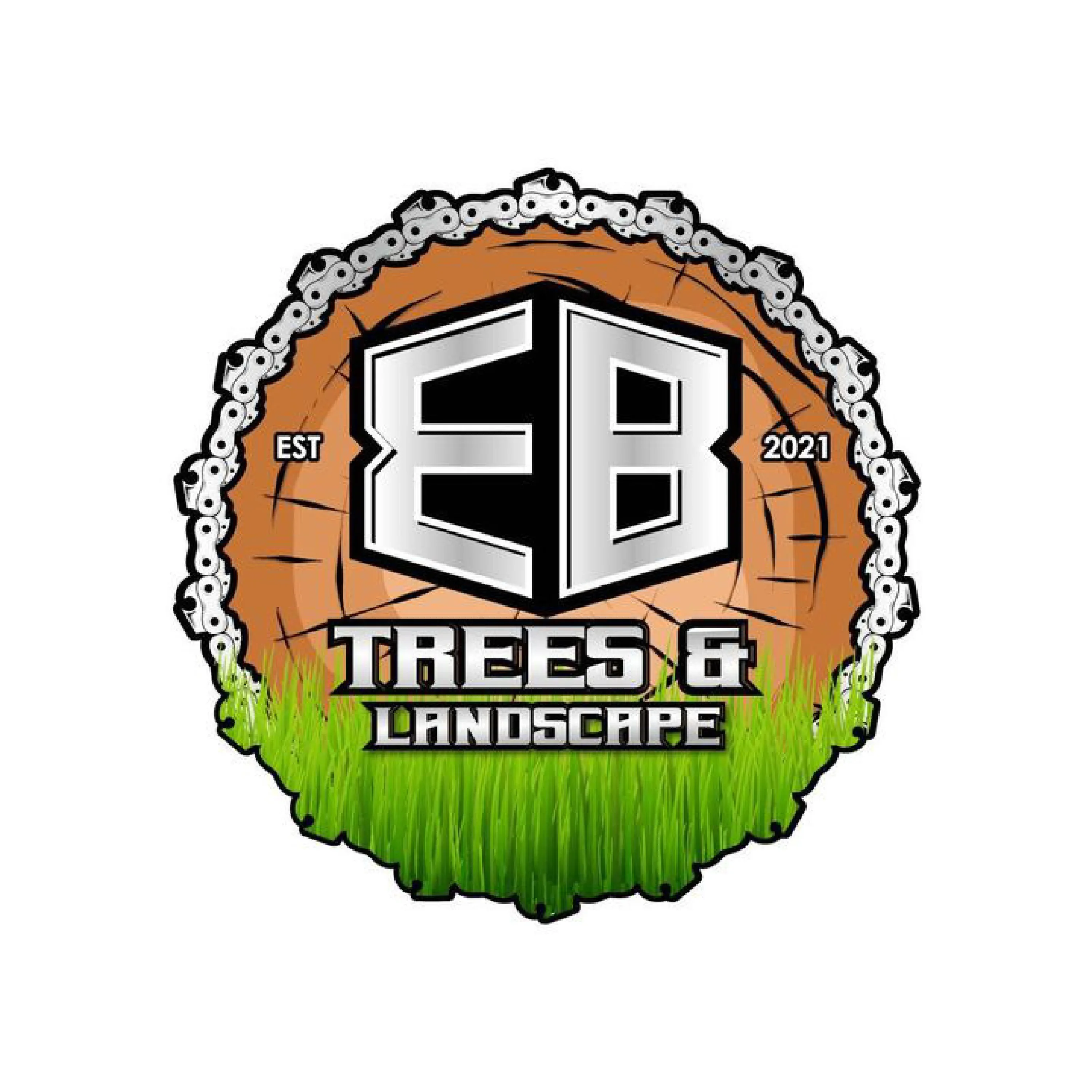 EB Trees & Landscape logo with chain border, wood texture, and grass elements