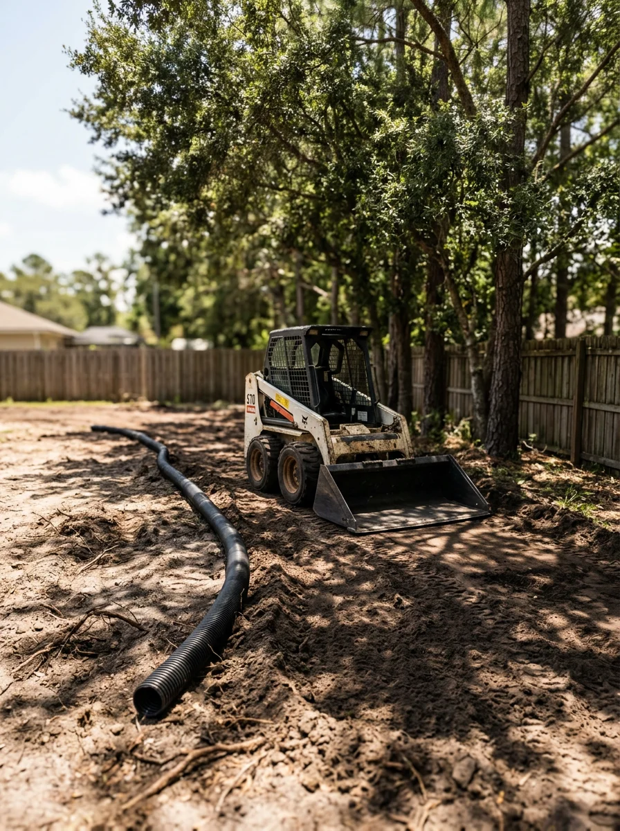 A crew member operating a skid steer to grade a residential lot in a Hillsborough County subdivision, with drainage pipe visible in the foreground.