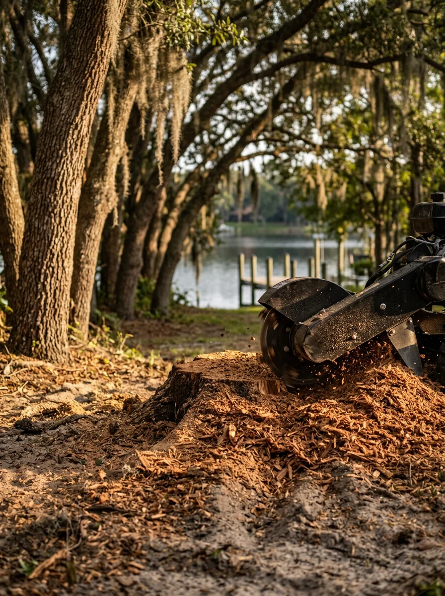 A stump grinder working on a large pine stump in a Lutz backyard, with a lakefront setting and mature oaks visible along the property edge.
