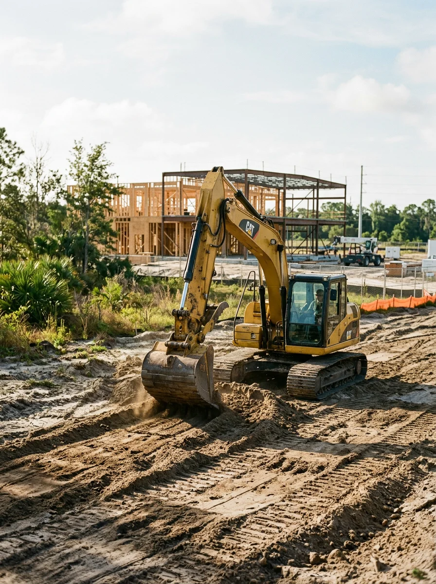 An excavator grading a cleared commercial lot along the Wesley Chapel I-75 corridor in Pasco County, with new construction framing visible in the background.