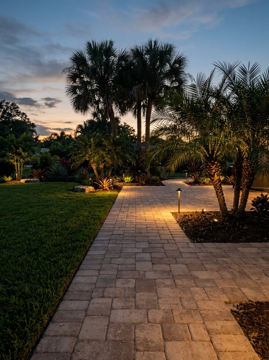 A landscape lighting installation in a Pinellas County backyard, with low-voltage fixtures illuminating a paver patio and newly planted palms after tree removal.