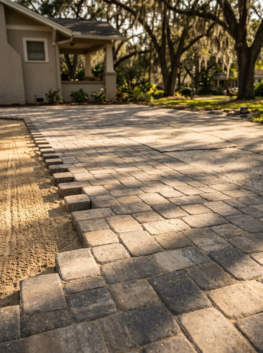 A paver installation crew rebuilding a cracked driveway in a South Tampa neighborhood after oak root removal, with fresh pavers being set in a sand base.