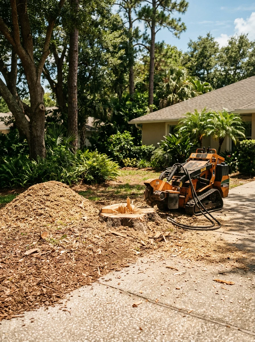 A stump grinder working on a freshly removed oak stump in a Tampa backyard, with a wood-chip pile visible beside a concrete driveway.