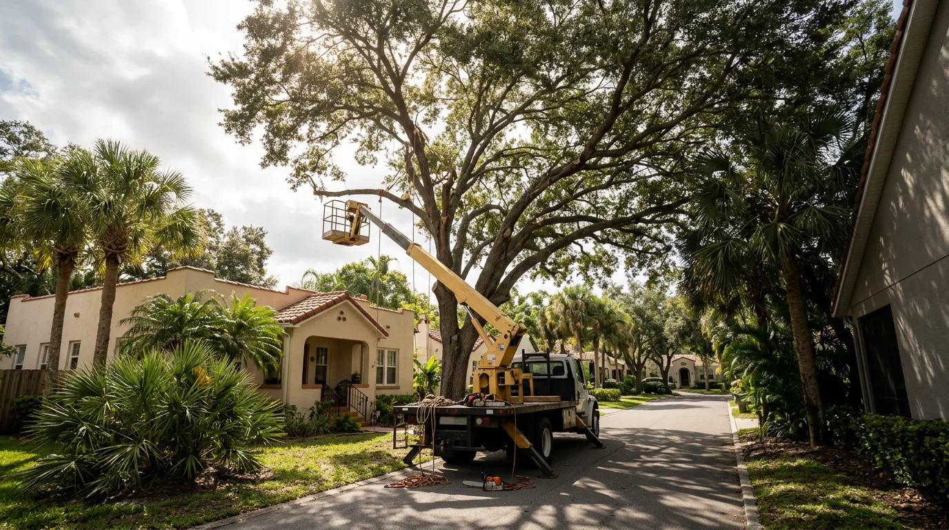 An aerial lift crew removing a large live oak overhanging a residential roofline on a narrow Tampa neighborhood lot, with a crane positioned in the street.