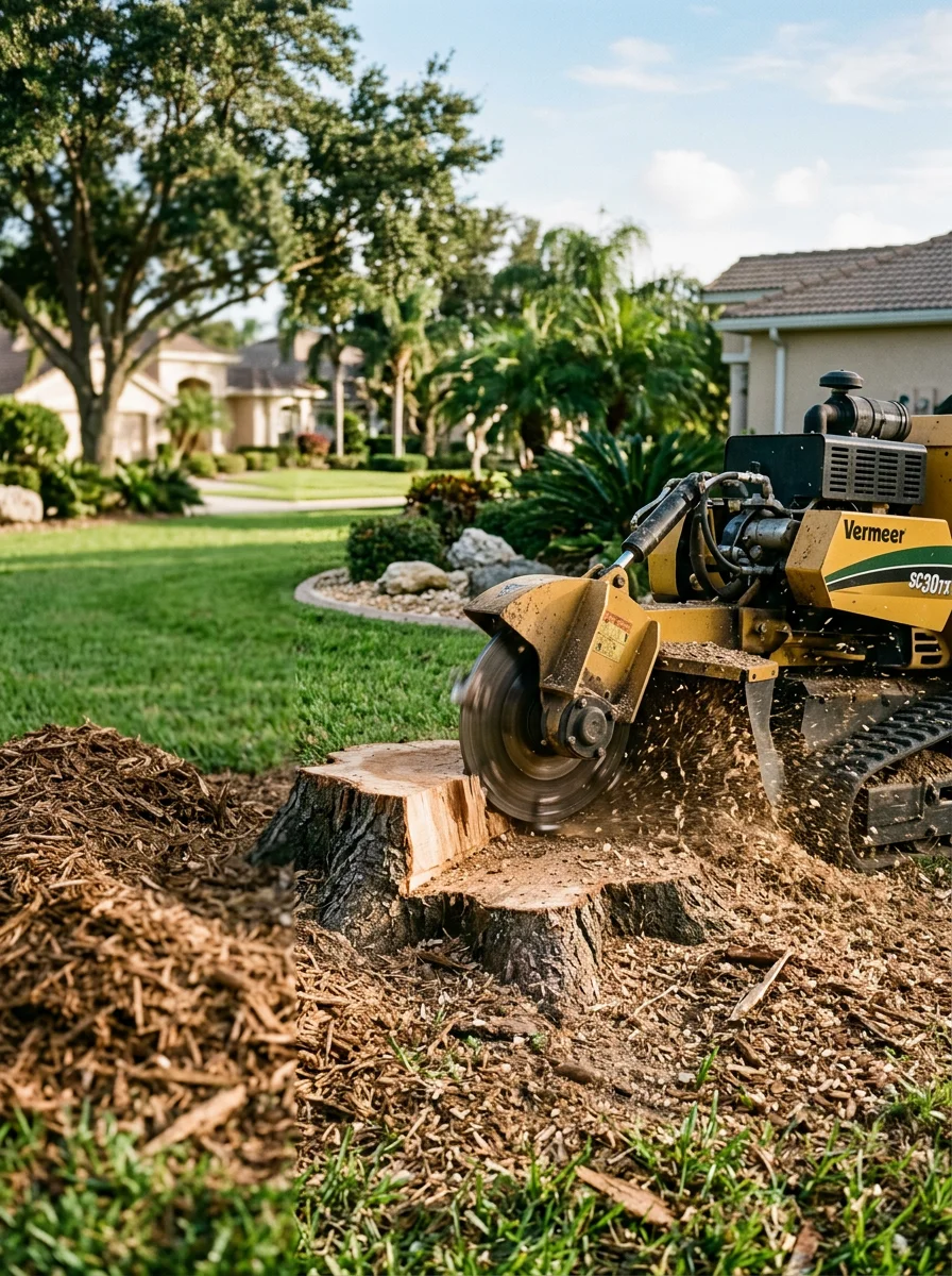 A stump grinder removing a freshly cut stump in a Trinity residential yard, with a well-maintained HOA community streetscape and neighboring homes visible behind.