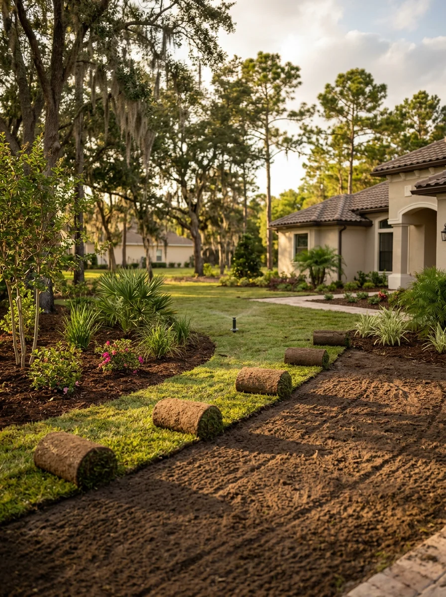 A landscape installation crew laying sod and placing new plantings in the front yard of a Wesley Chapel home, with an irrigation system head visible in the foreground.