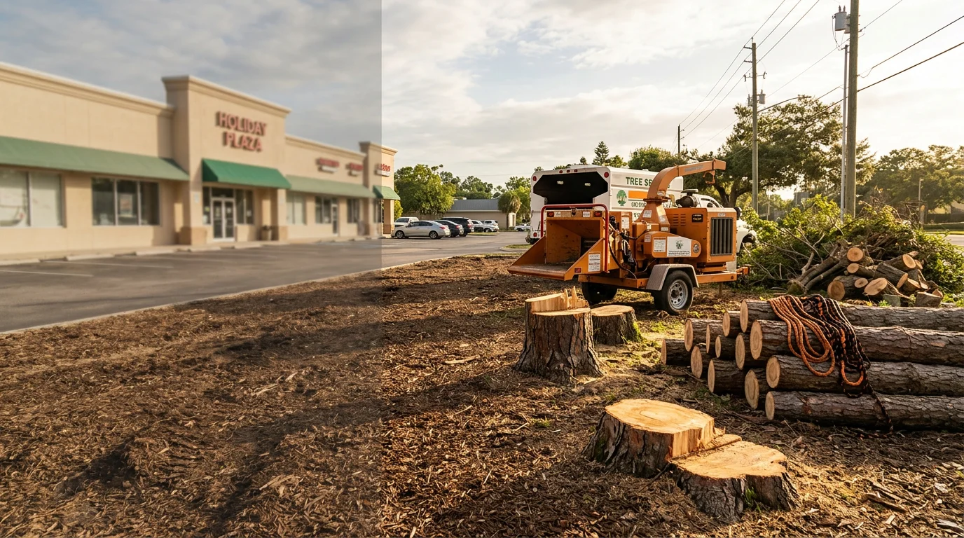 A large tree being removed from a commercial property in Tampa, Florida, with crew working around a paved parking area and adjacent building. The site is clear of debris following the removal, showing clean ground ready for landscaping or paving.