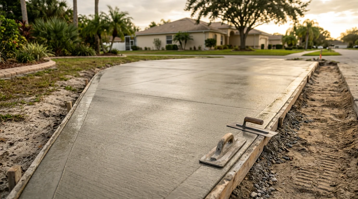 Freshly installed concrete driveway at a residential property in Tampa, Florida, with a smooth finish and clean edges against a green lawn. The surface reflects the bright Florida sun with no visible cracking or settling.