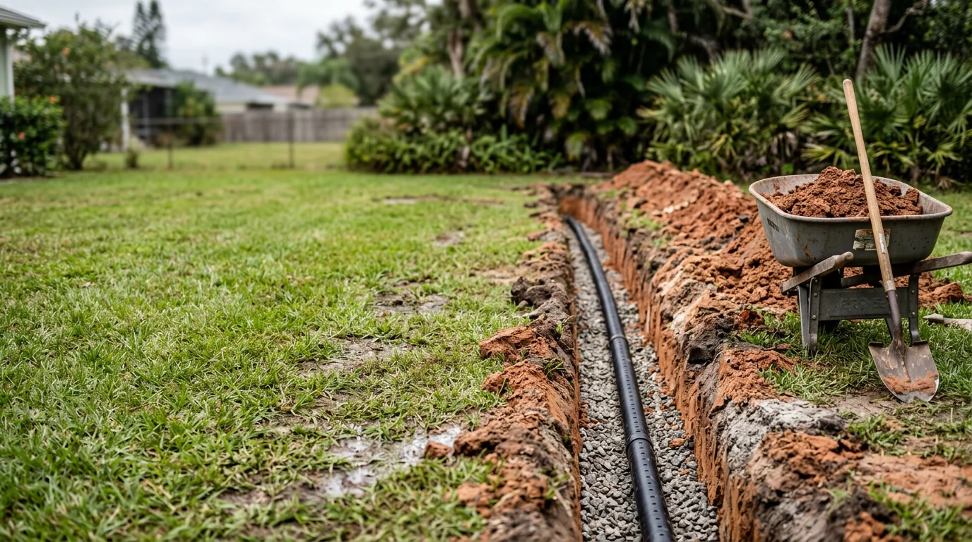 Newly installed catch basin and French drain system in a residential Tampa backyard, with compacted gravel trench running along the lawn edge toward a discharge point. Flat Florida yard with green grass surrounding the completed drainage installation.