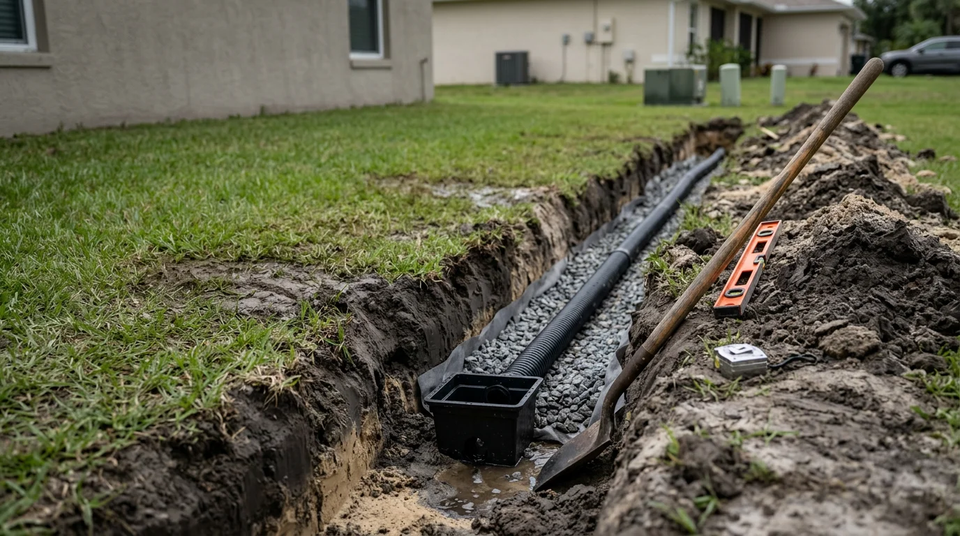A newly installed French drain and catch basin system in a residential backyard in Tampa, Florida, with gravel-filled trenches channeling stormwater away from the home's foundation. The surrounding lawn shows dry, level ground following a drainage system installation by EB Trees and Landscape.