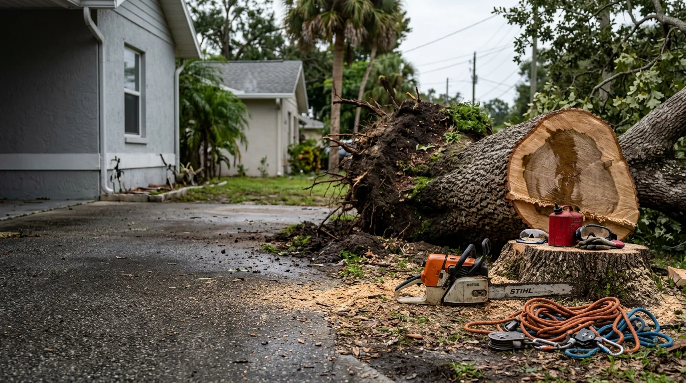 A large storm-damaged tree removed from a residential property in Tampa, Florida, with cleared debris and an exposed roofline visible in the background. An EB Trees and Landscape crew works in a typical Hillsborough County neighborhood yard following hurricane wind damage.