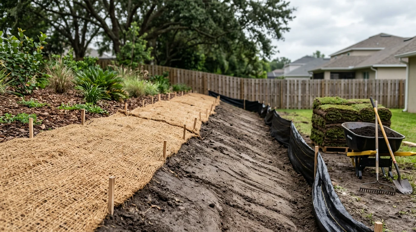 A stabilized residential slope in Tampa with newly established ground cover and sod holding soil in place along a drainage swale. Close view shows mulched and vegetated soil surface after erosion control work in Hillsborough County.