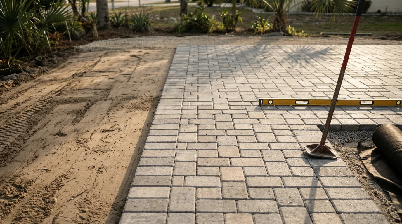 Freshly installed paver patio with a defined walkway in a Tampa backyard, surrounded by green lawn and tropical landscaping. The paver surface shows clean joint lines and a level finish suited to Florida's outdoor living climate.