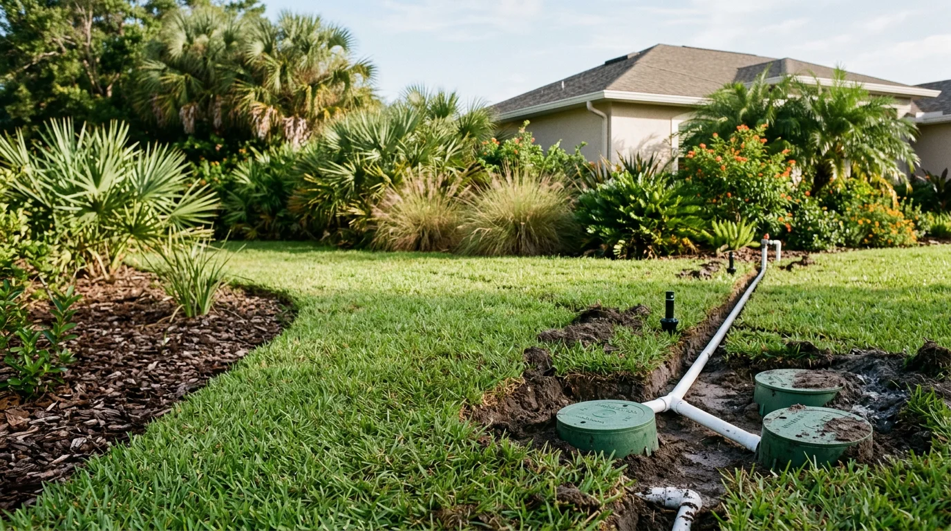 Newly installed in-ground irrigation sprinkler heads watering a green residential lawn in Tampa, Florida. The system shows evenly spaced heads across a turf zone with a landscaped bed in the background.