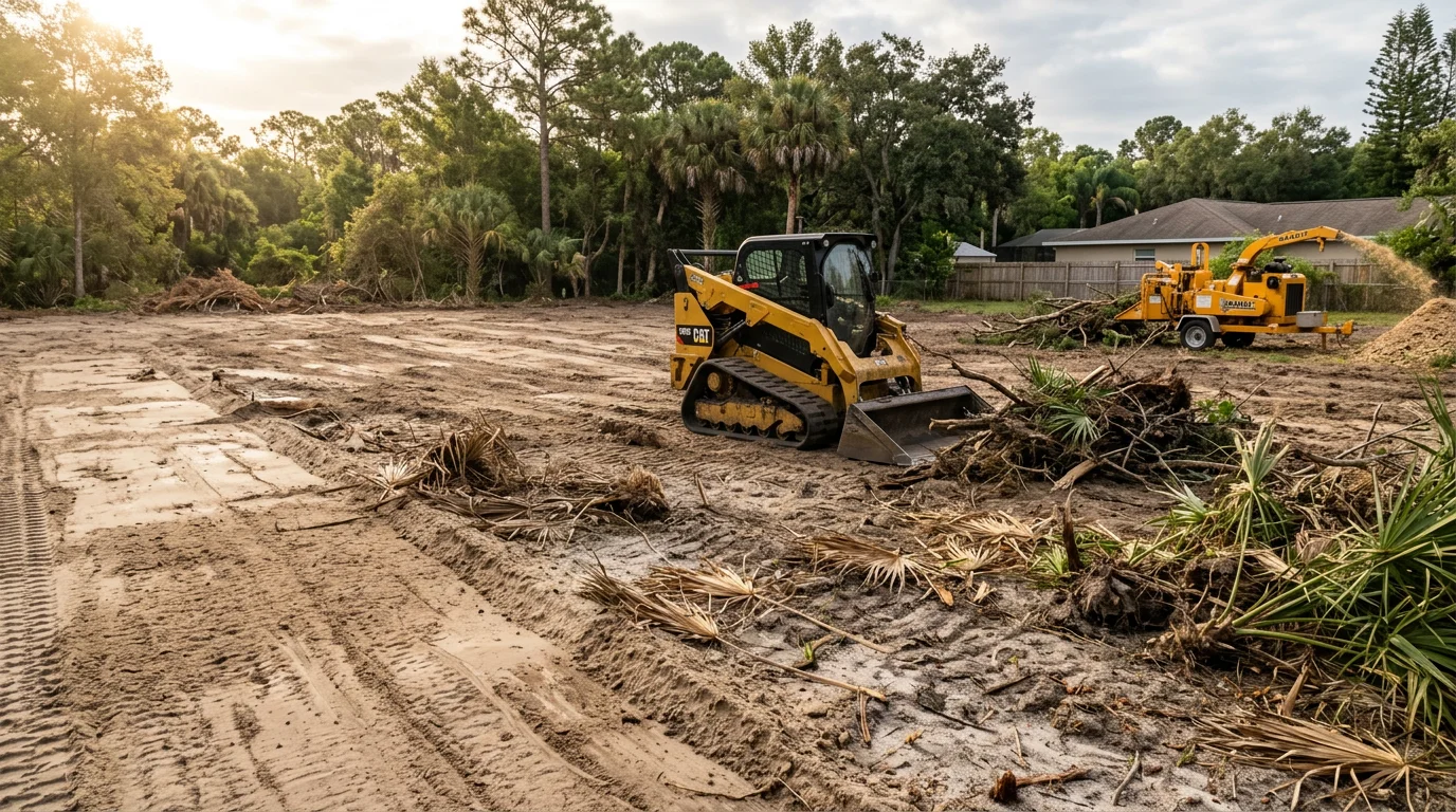 A cleared residential lot in Tampa, Florida with stumps, brush, and overgrown vegetation fully removed, leaving a flat, open ground surface ready for construction or landscaping. EB Trees and Landscape land clearing and site preparation work in Hillsborough County.