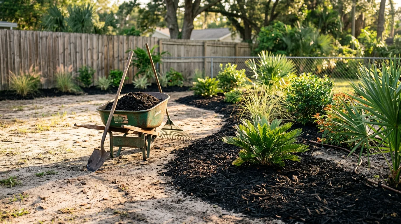 A freshly installed residential landscape in Tampa, Florida, featuring layered plantings, defined garden beds, and a clean lawn area in a Hillsborough County backyard. The design shows a mix of Florida-appropriate shrubs and groundcover suited to the region's sandy soil and subtropical climate.