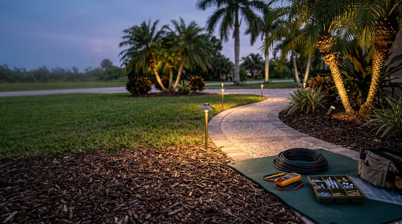 Professionally installed landscape lighting illuminating a residential front yard in Tampa, Florida, with pathway lights lining a walkway and uplight fixtures highlighting mature trees and garden beds at dusk.