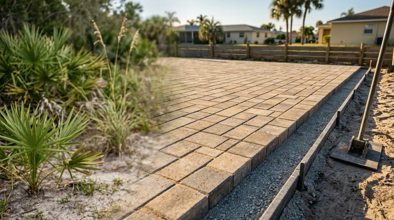 Freshly installed paver driveway at a residential property in Tampa, Florida, showing a clean compacted surface with uniform joint spacing and edge restraints. The surrounding landscape reflects the flat, sandy terrain common across Hillsborough County.