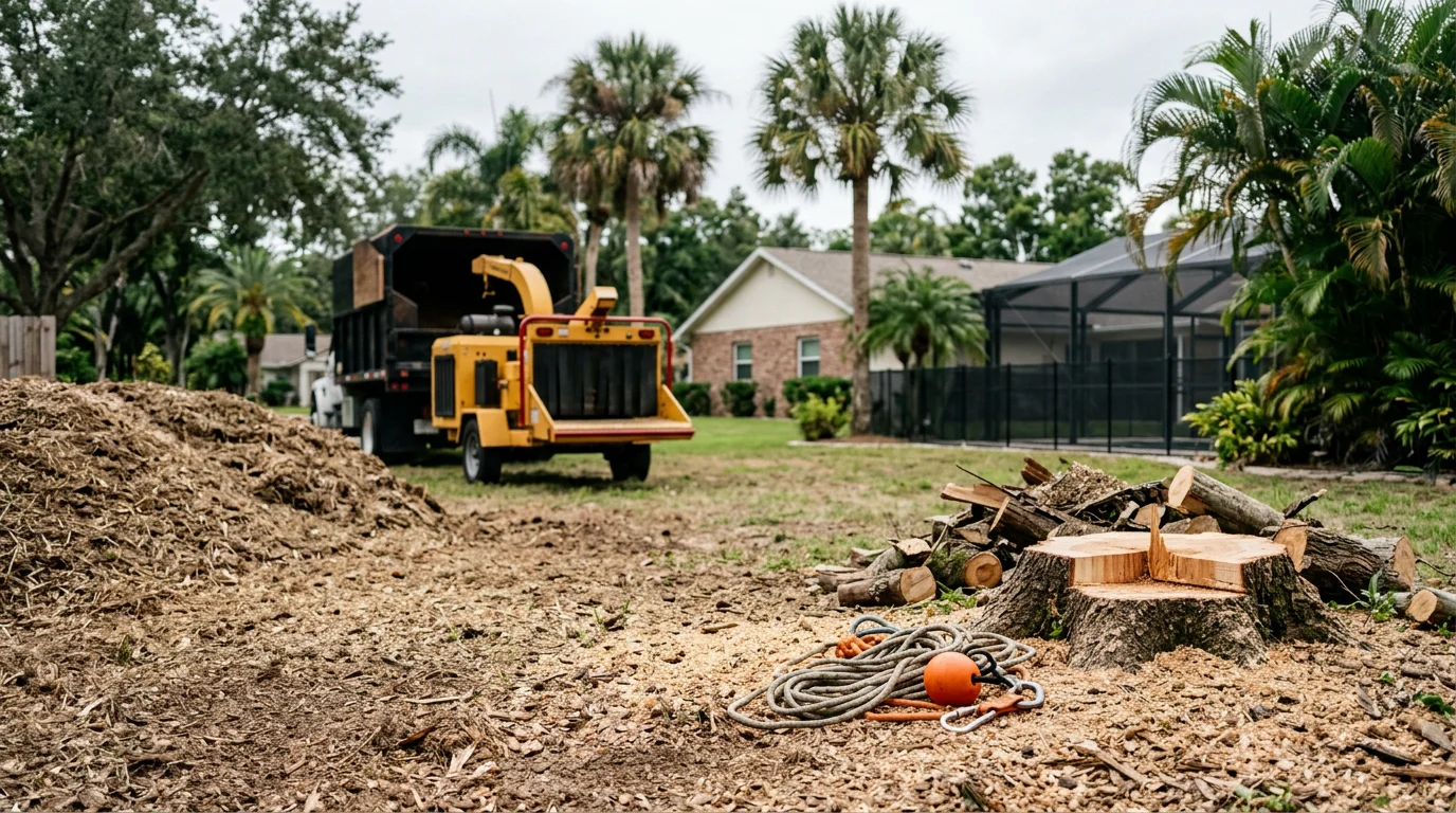 A residential tree removal in progress in Tampa, Florida, with a large dead oak being sectioned and lowered near a single-family home. Cut wood and debris are stacked on the lawn with a screened lanai visible in the background.