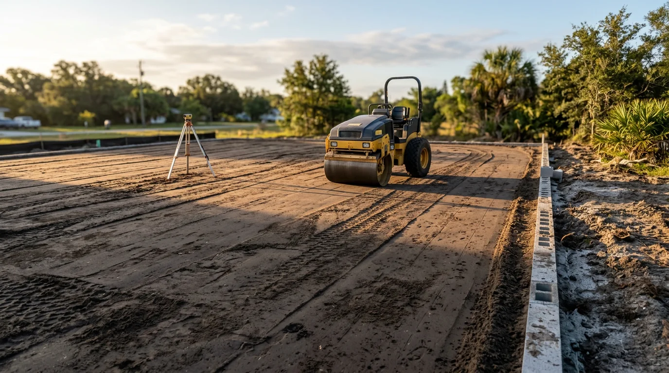 A freshly graded and compacted residential lot in Tampa, Florida, with smooth, sloped soil ready for concrete installation. The flat terrain shows corrected elevation and cleared surface typical of Hillsborough County site preparation work.