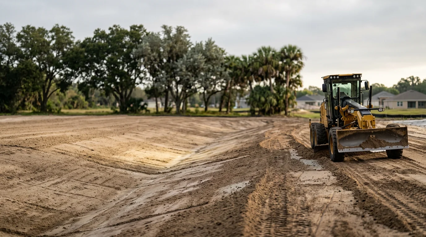 A residential yard in Tampa, Florida after professional site grading, showing a smooth, gently sloping lawn graded away from the home's foundation. The corrected grade directs surface water toward the yard's perimeter on a flat Hillsborough County lot.
