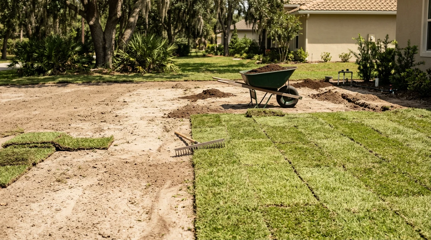 Freshly installed St. Augustine sod laid in tight, staggered rows across a residential front yard in Tampa, Florida. The lawn borders a concrete driveway with a subtropical landscape visible in the background.