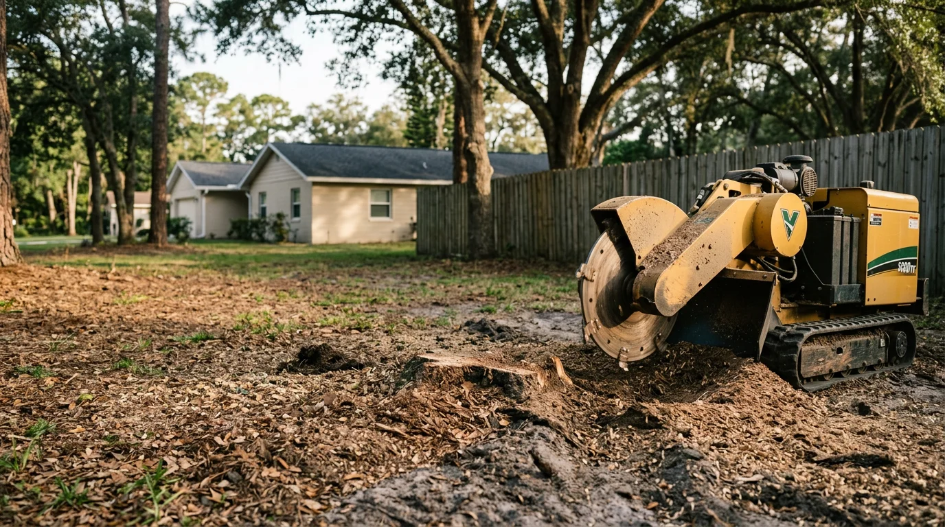 A freshly ground tree stump in a Tampa residential yard, with wood chips spread across the cleared area and surrounding grass intact. The ground is level and ready for new sod or landscaping.