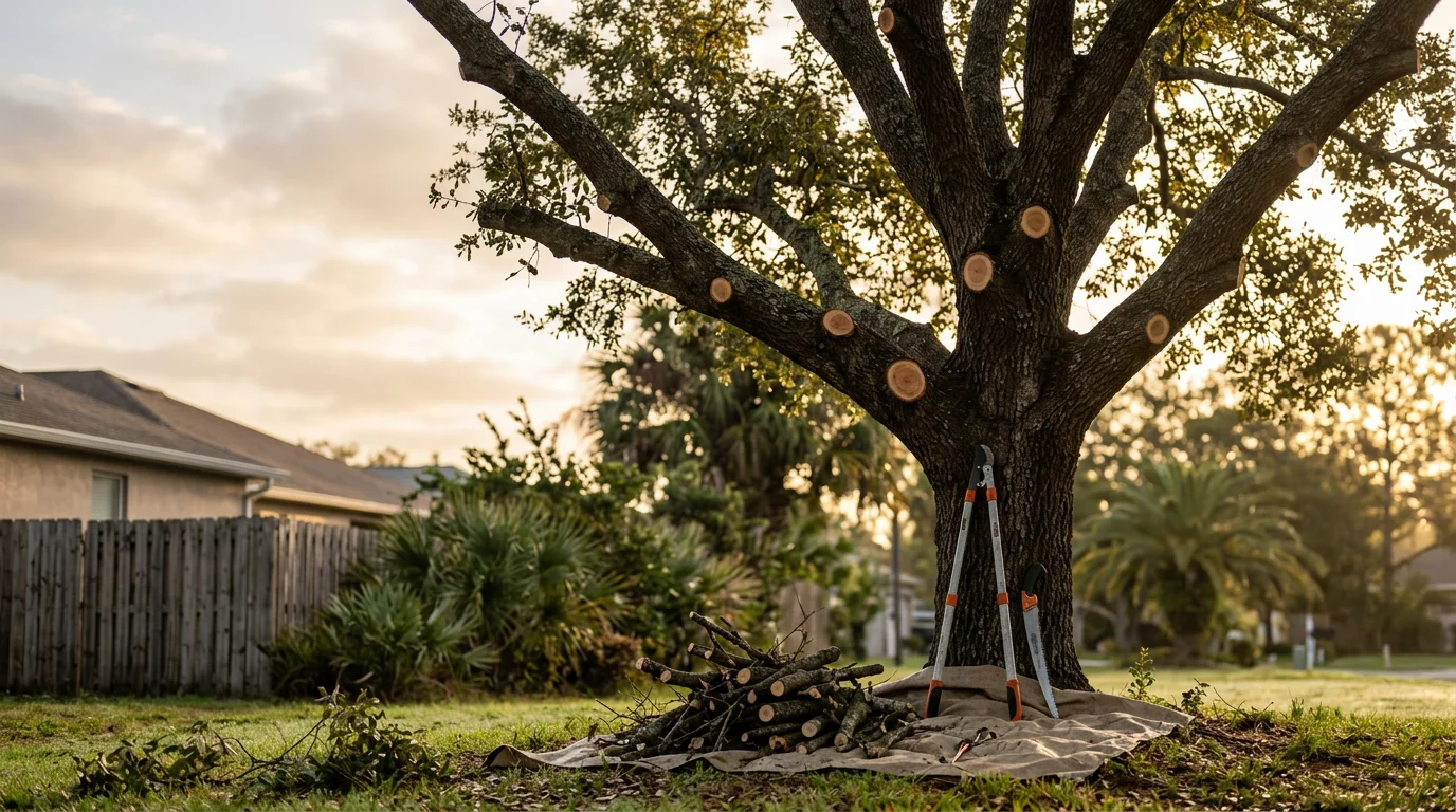 A trimmed oak tree in a Tampa residential yard with a clean canopy and no overhanging limbs near the roofline. An EB Trees and Landscape crew member works in the background on a sunny Hillsborough County property.